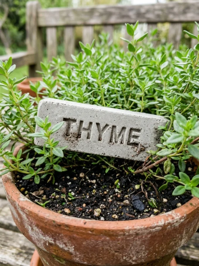 A small potted thyme plant with a cement marker