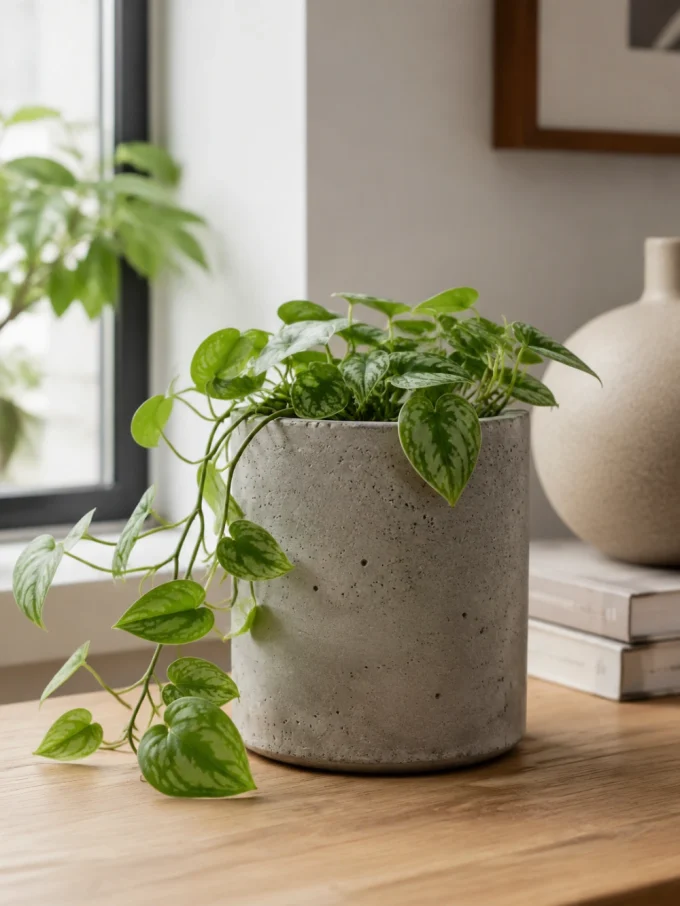 A small trailing houseplant in a cylindrical concrete planter on a wood table.