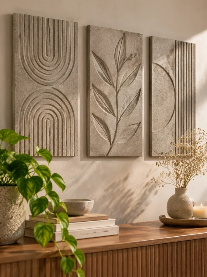 Three textured cement panels on a wall above a wooden sideboard