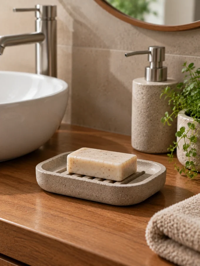 A rectangular bar of soap on a small, speckled gray soap dish with drainage grooves on a wooden bathroom counter.