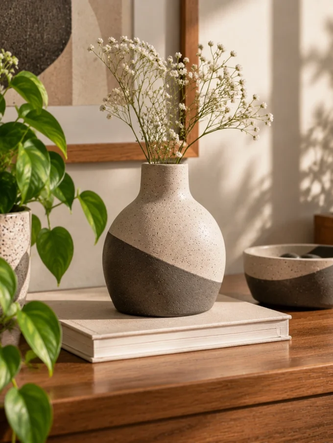 Diy cement craft with a two-tone cement decor piece featuring concrete finishes, beige tones, and gray tones.