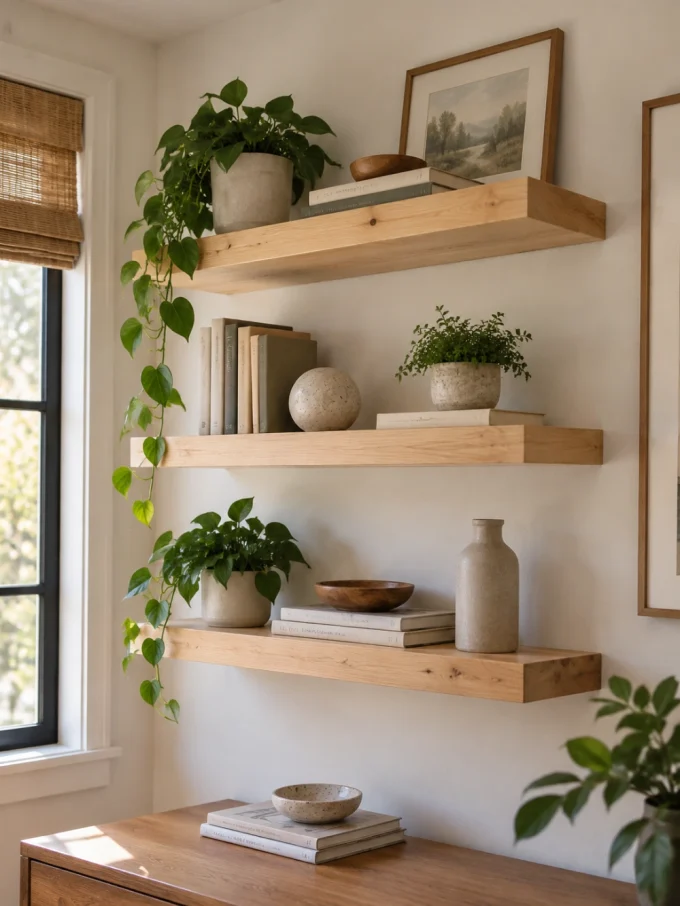 Three light wood floating shelves with plants, books, and decorative objects