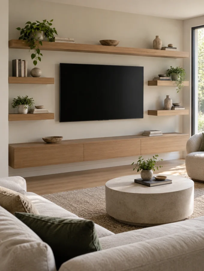 Light wood floating shelves with plants, books, and vases around a large TV on a wall with a long light wood console table below, between a beige sectional sofa and chair