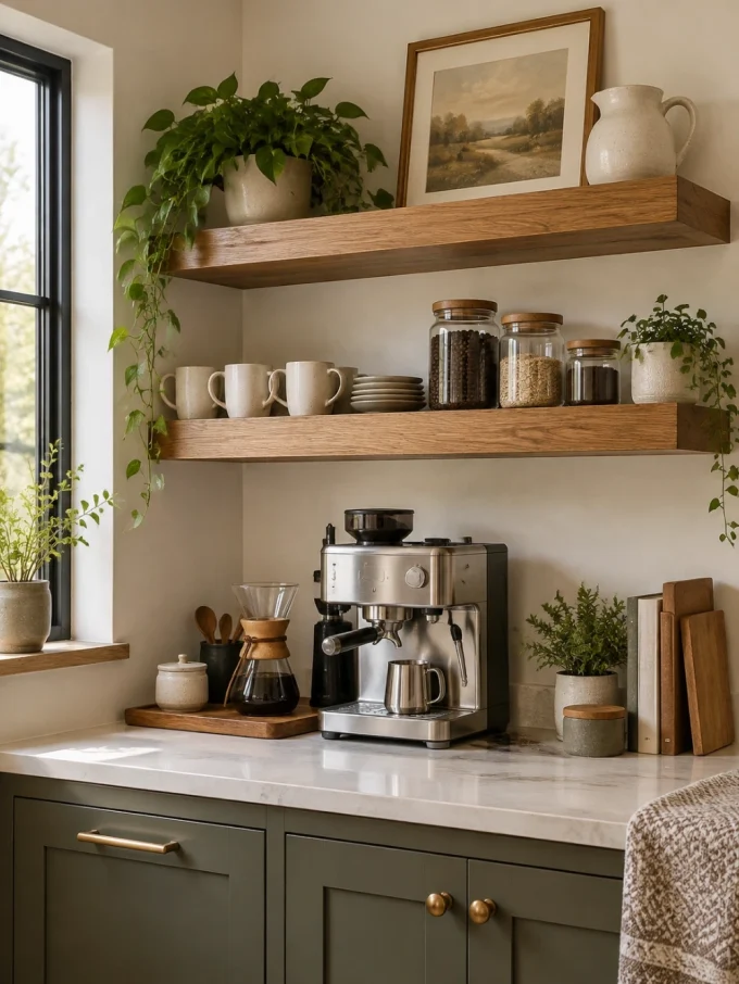 A coffee station with floating shelves holding mugs, coffee jars, and plants