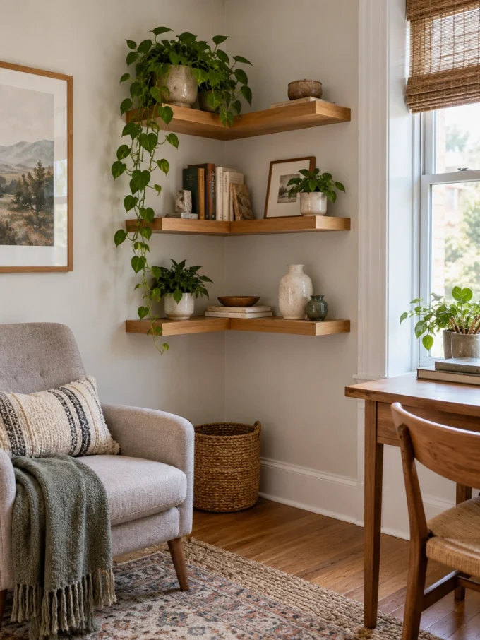 Diy floating shelf with diy corner floating shelves for awkward spaces featuring add storage without taking floor area corner.