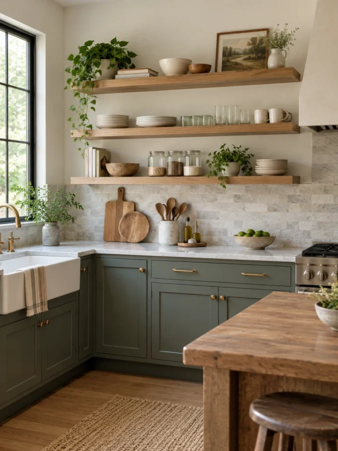 A kitchen with green cabinets, floating shelves with dishes and plants, and a large window