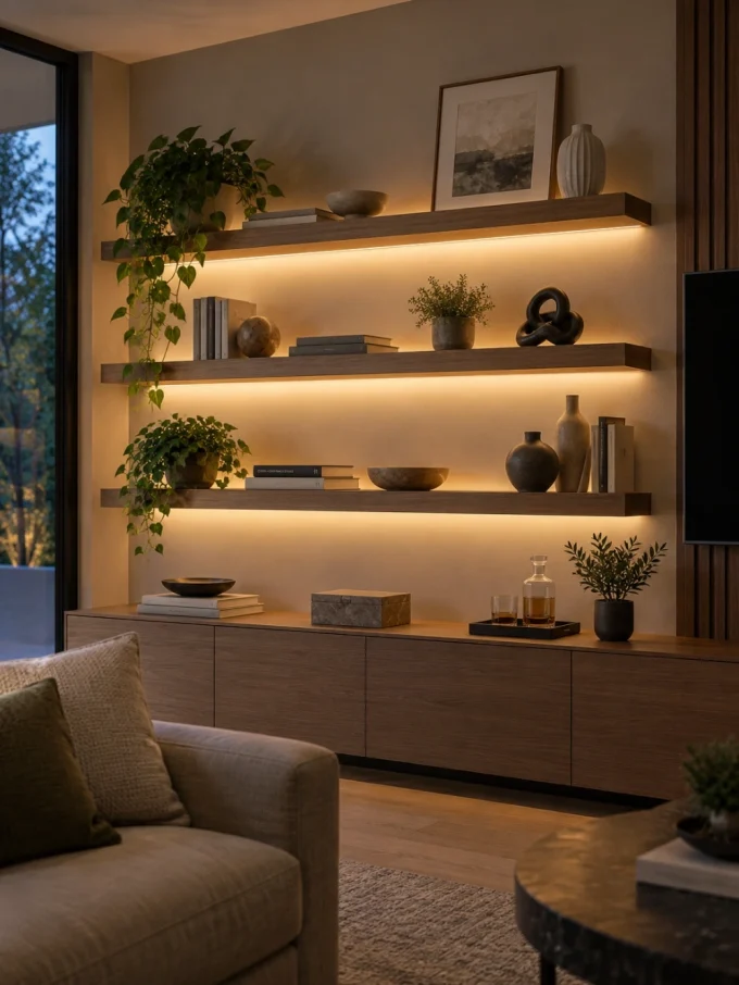 A modern living room featuring a wall with LED floating shelves, displaying decorative items and plants, with warm lighting underneath.
