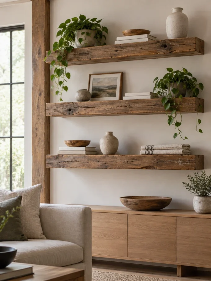 Diy floating shelf with reclaimed wood floating shelves for character and texture featuring modern furniture.