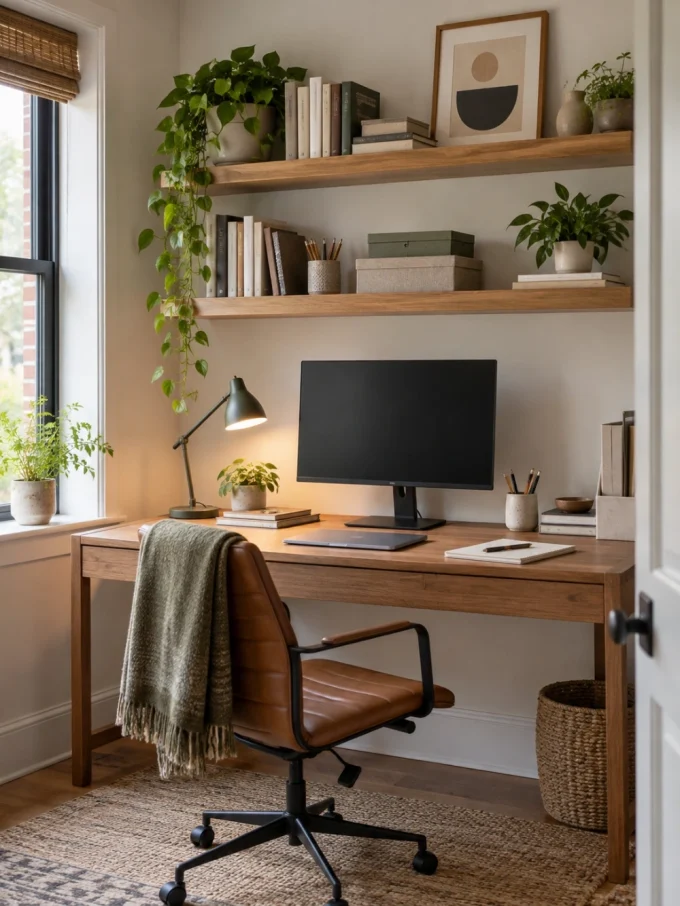 A desk with a computer, lamp, and chair beneath floating shelves holding books and plants
