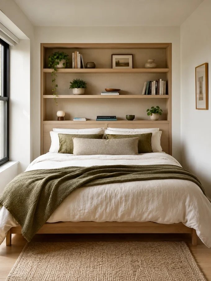 Diy headboard with a built-in shelf headboard featuring shallow shelving structure.