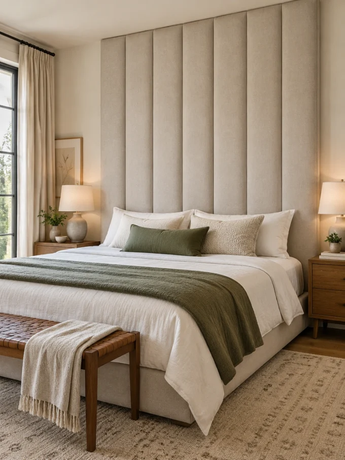 A large bed with a tall, upholstered headboard covered in beige fabric, vertical panels, and a green throw blanket