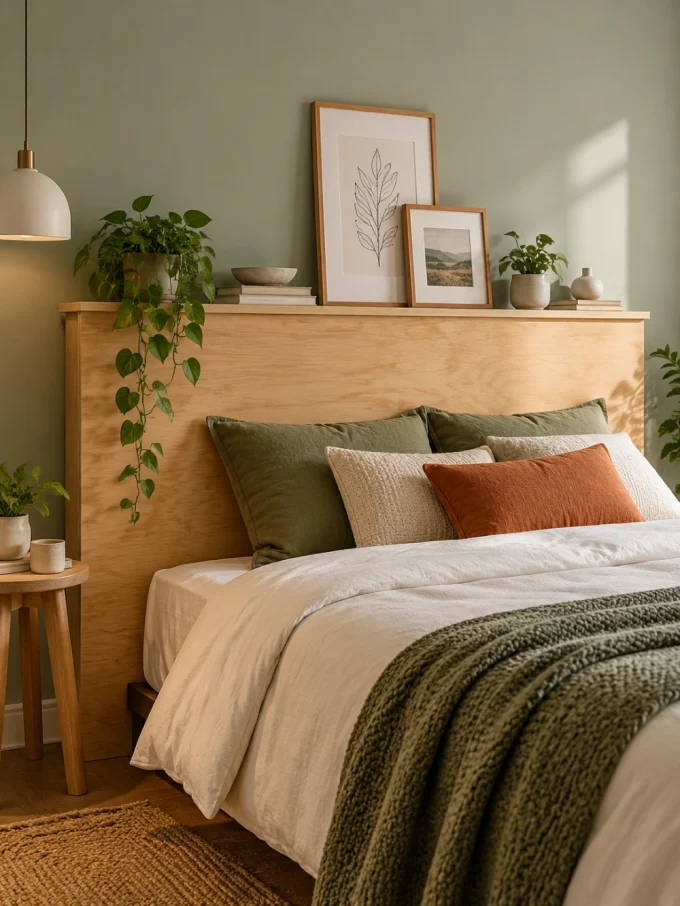 Diy headboard with a headboard from plywood with a floating ledge.