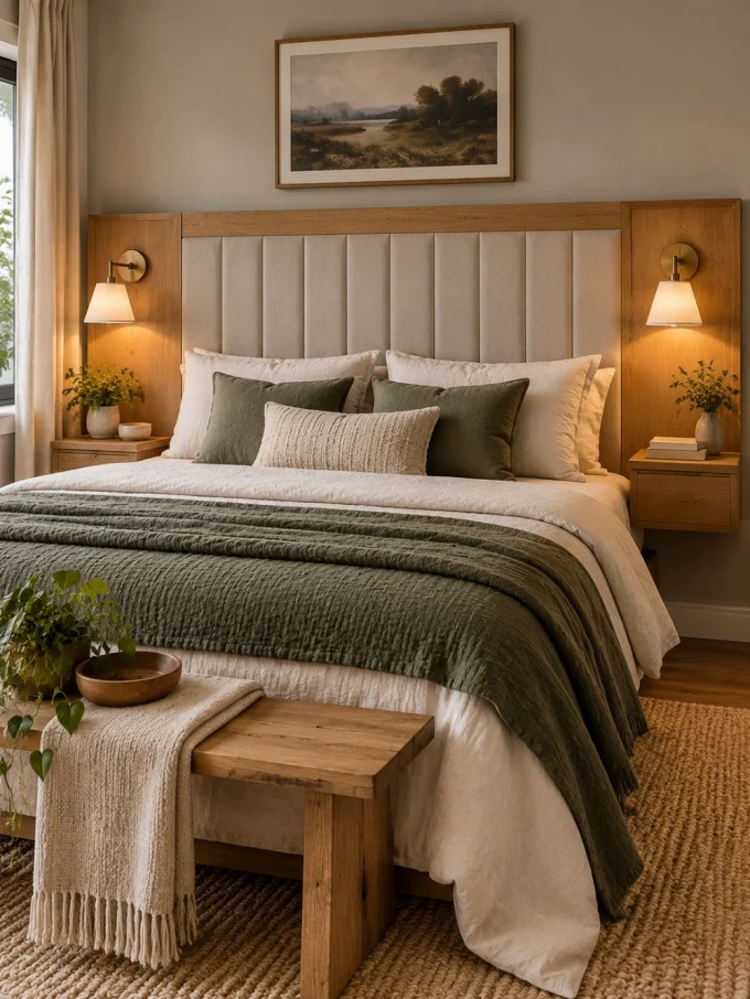 Diy headboard with a headboard with integrated sconces featuring wood tones, this approach, and simple wood or upholstered panel.