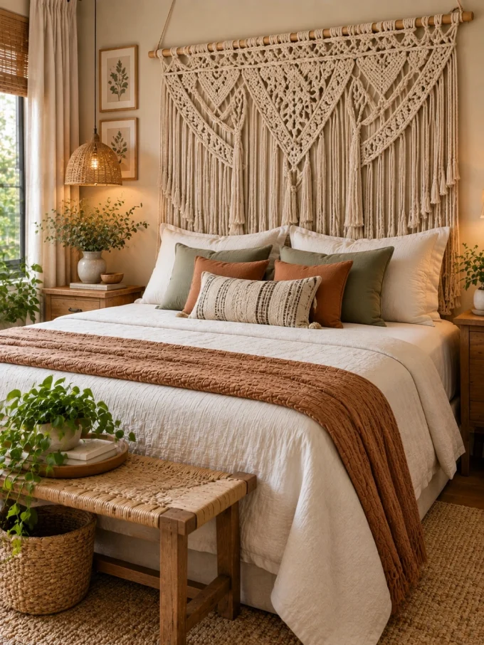 A large macrame headboard in natural cotton hangs behind a bed with white sheets, earth-toned pillows, and a woven bench at the foot.