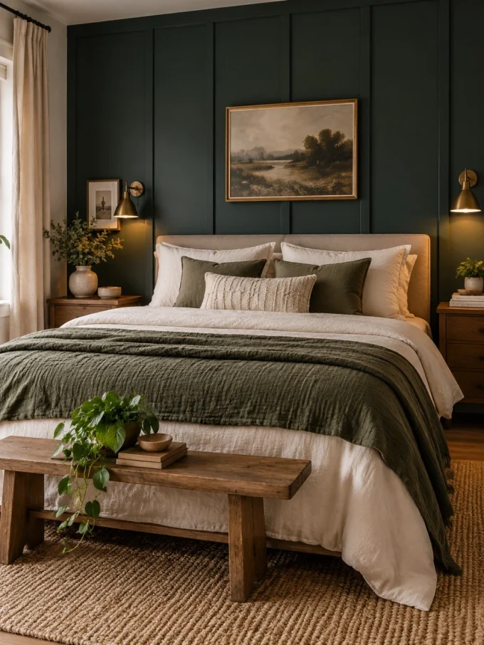 A bed with white and green bedding in front of a dark green paneled accent wall with a painting above it.