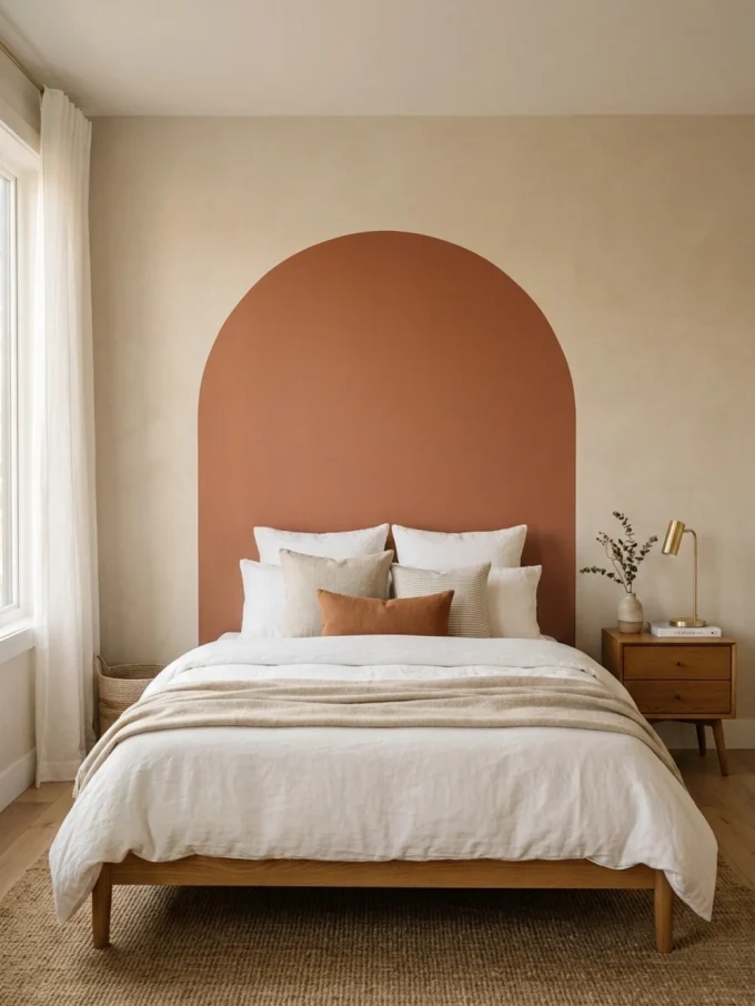 A bed with white bedding and pillows against a wall with a large arched section painted burnt orange