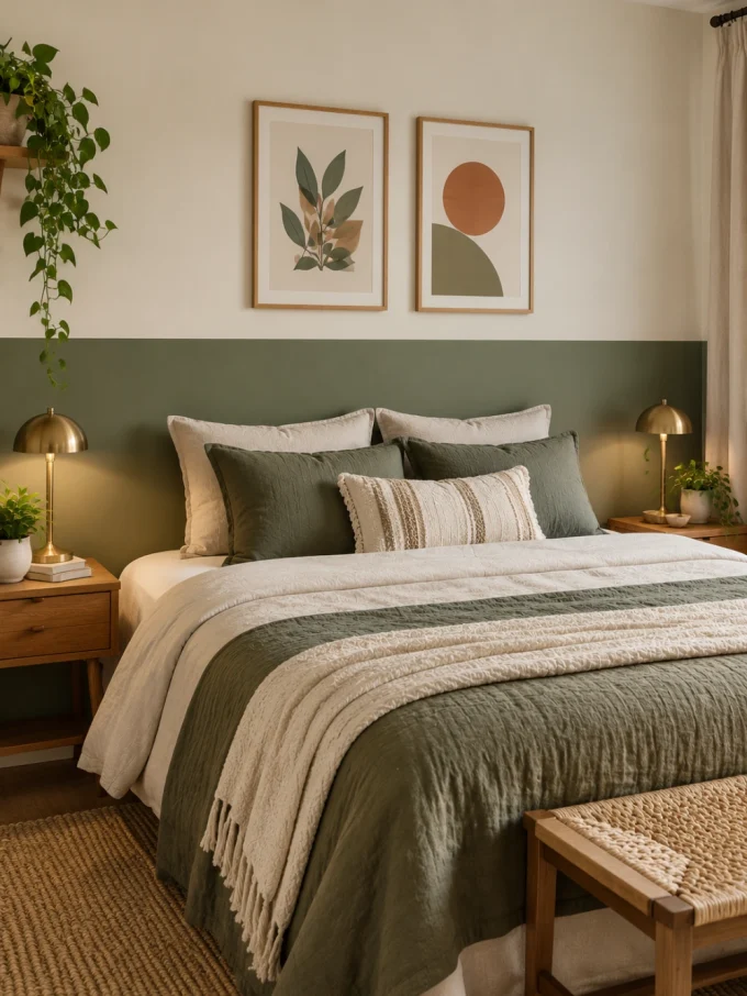 Bed with green and white bedding, two-tone painted wall behind