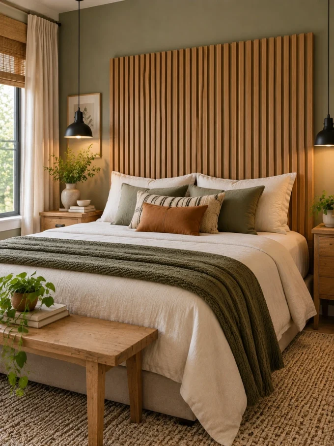 Diy headboard with a slatted wood headboard.