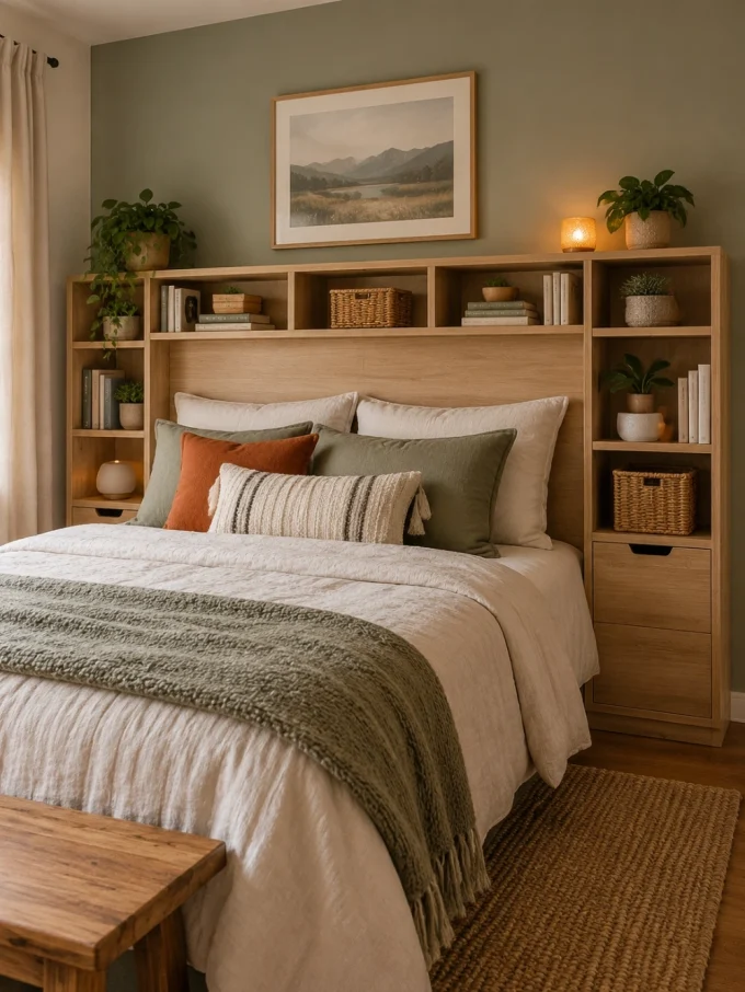 Bed with built-in wooden storage headboard containing books, baskets, and plants
