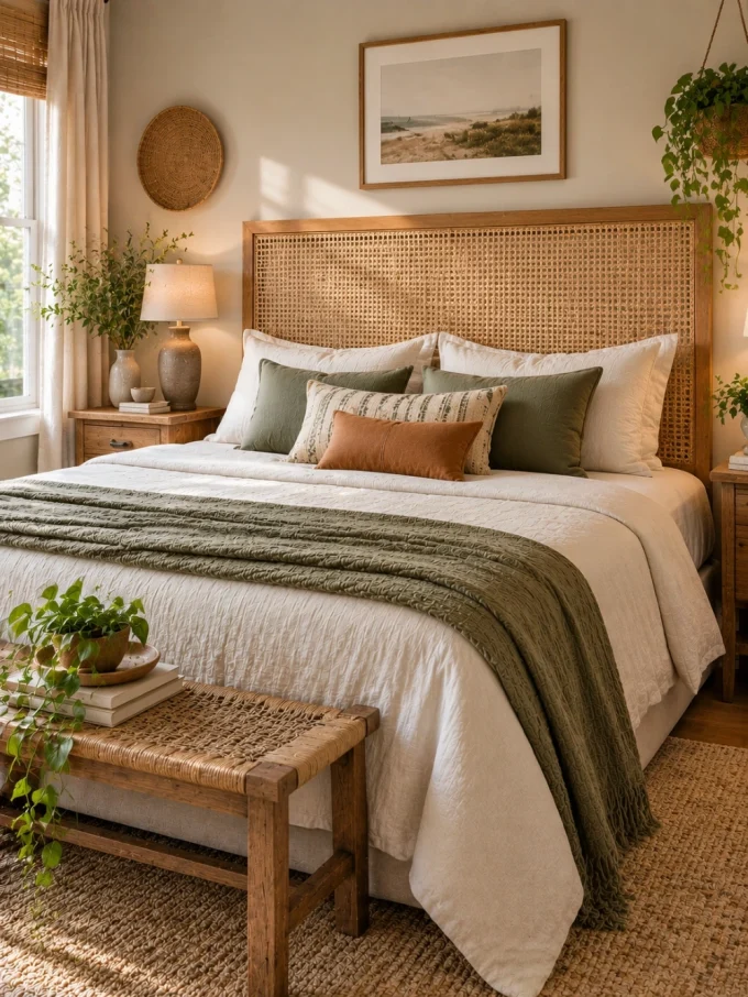 Diy headboard with a woven cane headboard featuring wood tones and cane webbing.