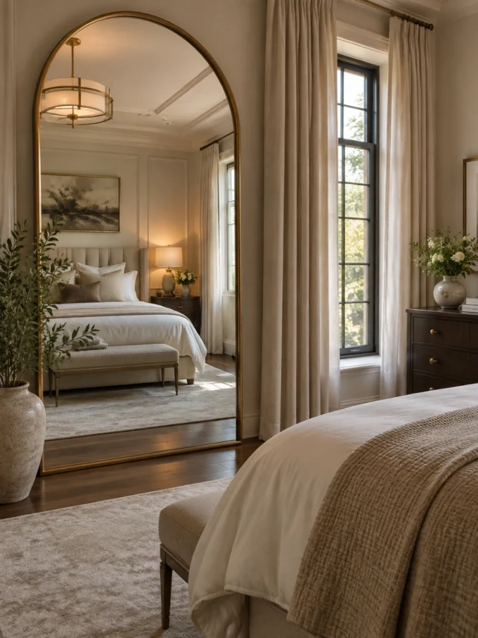 Large gold-framed arched mirror reflecting bed and nightstand in luxury bedroom