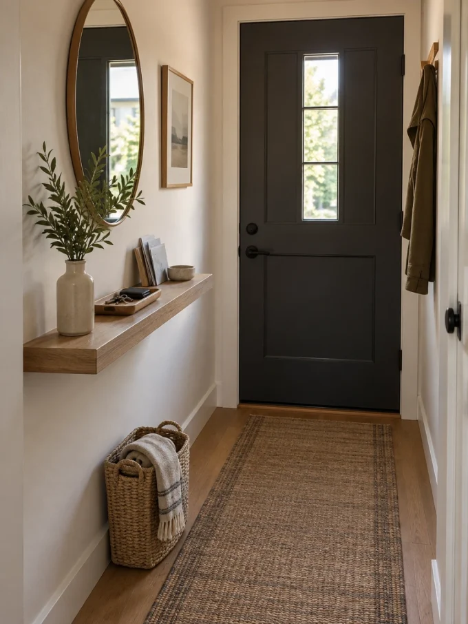 A floating shelf with a vase, tray, and basket underneath, beside a mirror and artwork in a narrow entryway with a black door.