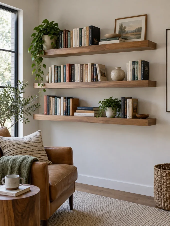 A room's corner with a brown leather chair, a wooden side table, and three floating shelves filled with books, plants, and decorative items against a white wall.