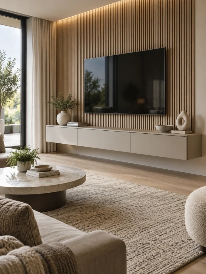 A floating white console with a large TV mounted on a wood-paneled wall above it