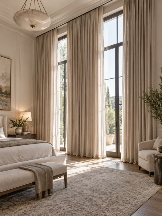 Luxury bedroom with floor-to-ceiling curtains.
