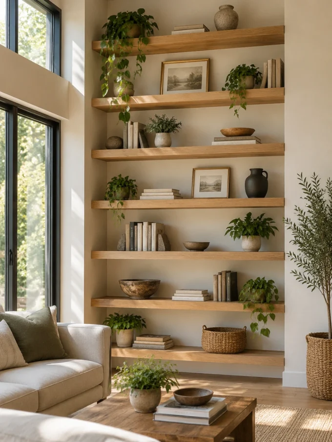 A floor-to-ceiling wooden floating shelf wall filled with books, plants, and decorative items in a living room with a couch and coffee table.