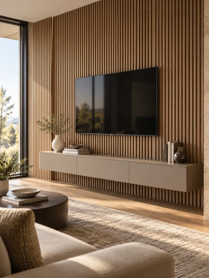 A wall-mounted TV above a long white console table with fluted wood paneling behind it.