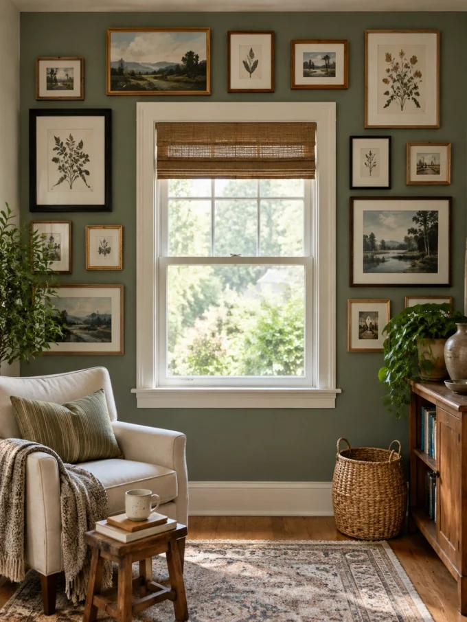 A gallery wall of framed pictures surrounds a window on a sage green wall, with a chair and side table in the foreground.