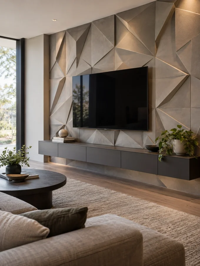 Unique 3d tv wall with geometric 3d panel tv wall featuring wood tones and surfaces.