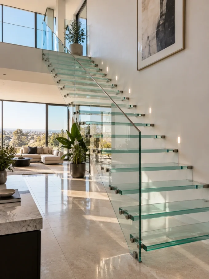 A glass floating staircase with clear steps and metal supports in a modern interior with large windows and a view of the outdoors.