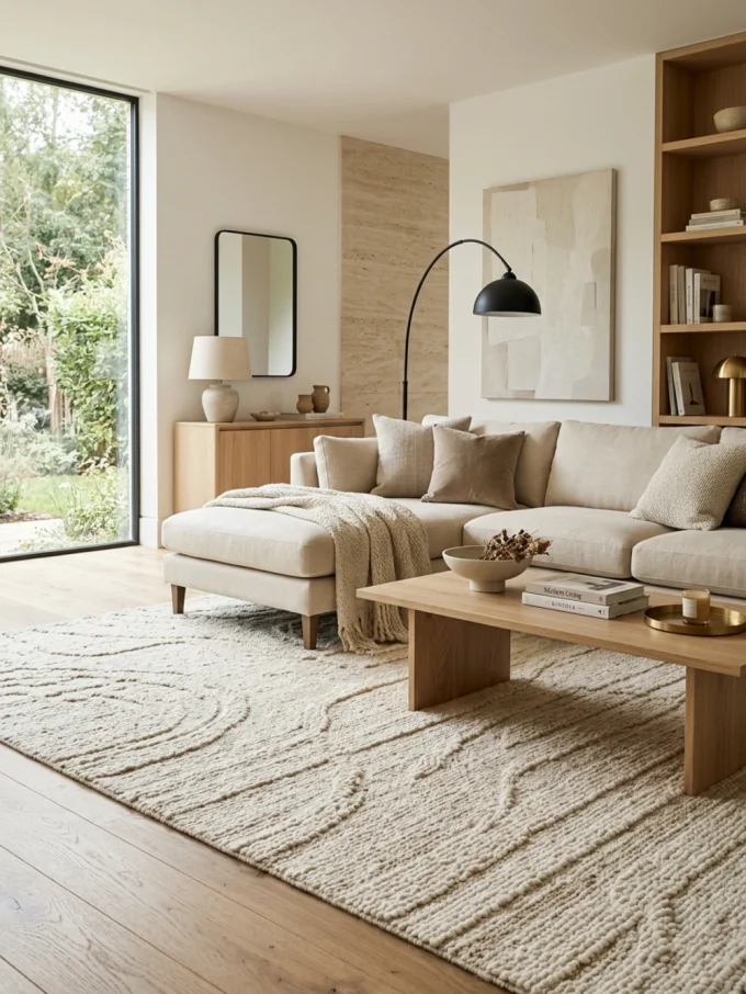 Textured cream rug with subtle circular pattern under light wood coffee table and beige sectional sofa