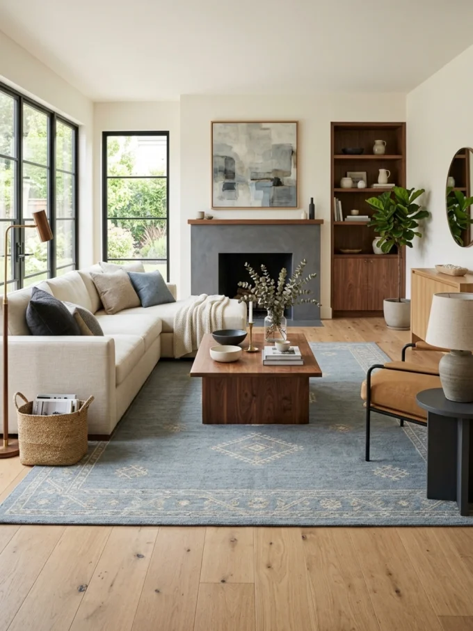 A muted blue patterned rug under a wooden coffee table in a living room with a white sectional sofa, wooden floors, and a gray fireplace.