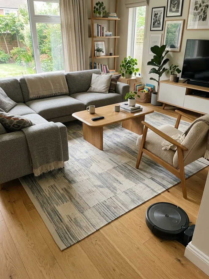 A flatweave rug in a living room with a robot vacuum, sectional sofa, coffee table, and chair.