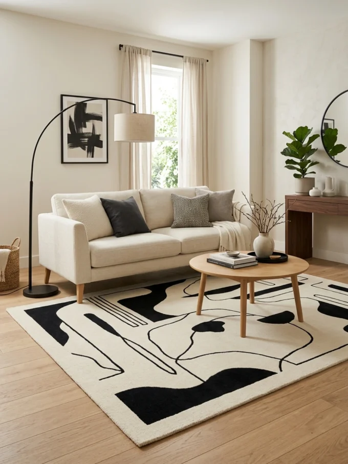 Gorgeous modern living room rug with graphic contrast with a black-and-cream rug featuring black lighting, light oak.