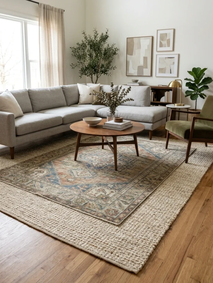 A large neutral jute rug layered under a smaller colorful vintage rug in a living room with a gray sectional sofa and wooden coffee table.