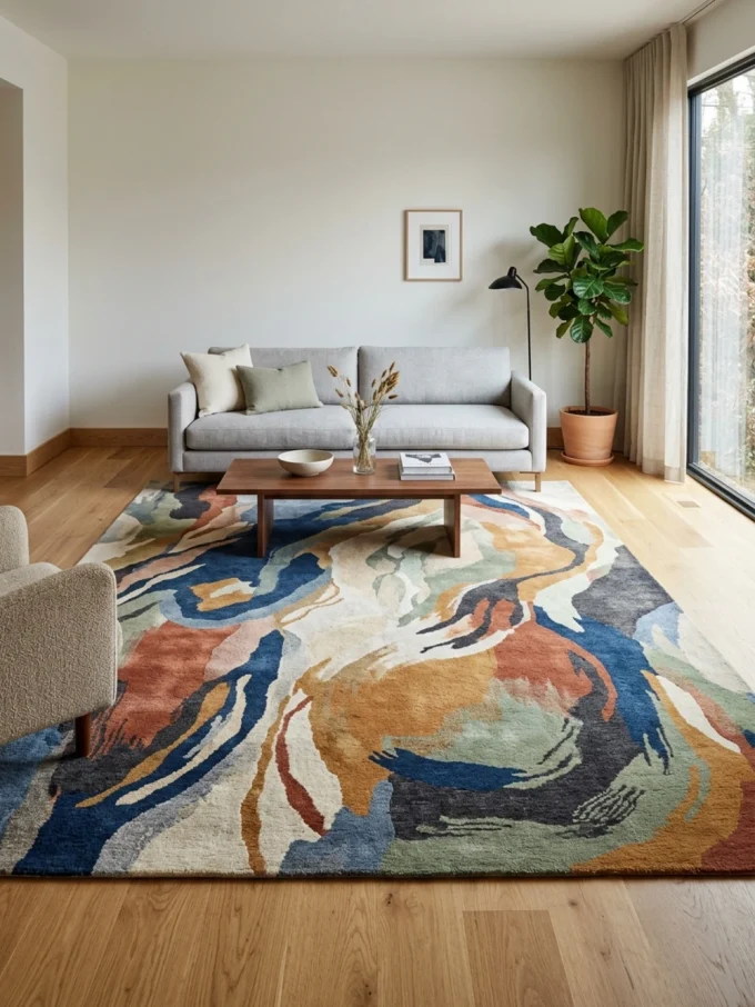A colorful abstract rug with blue, orange, and green swirls under a gray sofa and wooden coffee table in a modern living room.