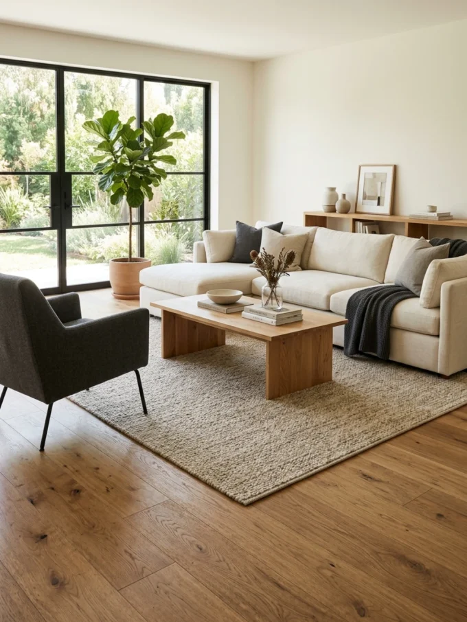 Beige rug on light oak flooring with a white sectional sofa