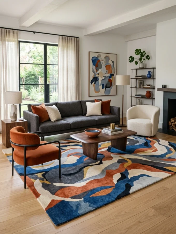 A colorful abstract rug under a gray sofa and two accent chairs