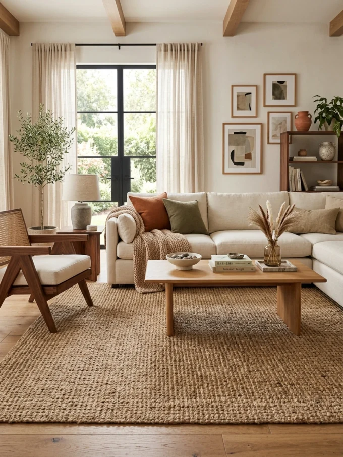 A jute rug under a wooden coffee table and cream sofa