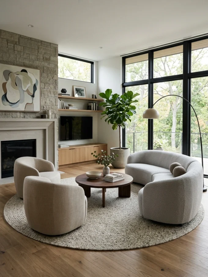 A round rug under a small seating area with a curved sofa and two rounded chairs