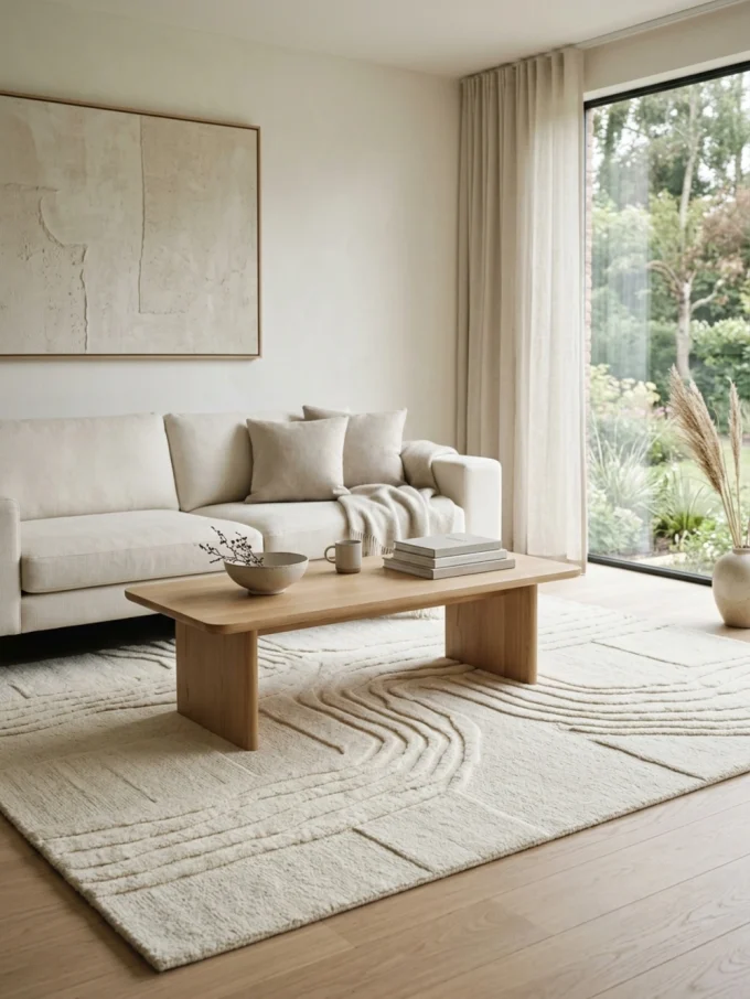 A sculpted ivory rug with raised organic lines under a wooden coffee table and beige couch