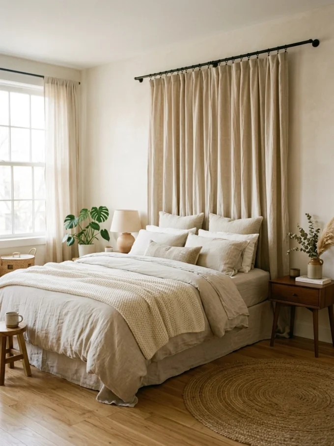 A bed with beige curtains hung behind it as a headboard.