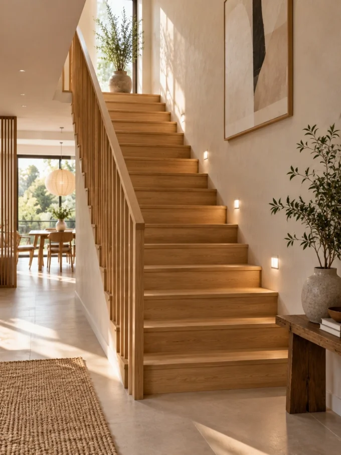 Light wood staircase with simple railing and built-in wall lights