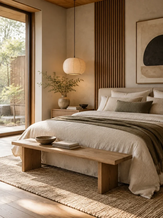A Japandi-style bed with natural linens, wood accents, and a woven pendant light.