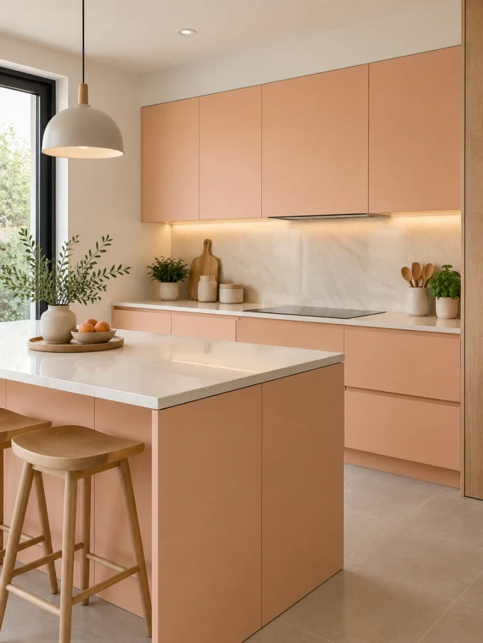 A modern kitchen island with peach cabinets, white marble countertop, and wooden stools.