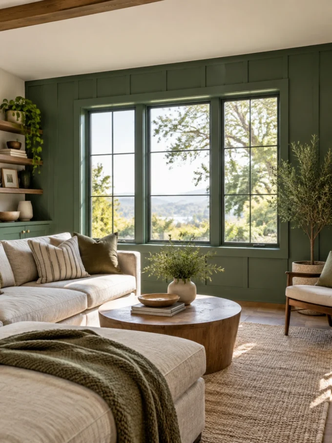A living room with a green accent wall featuring a large window, a beige sectional sofa, and a wooden coffee table.